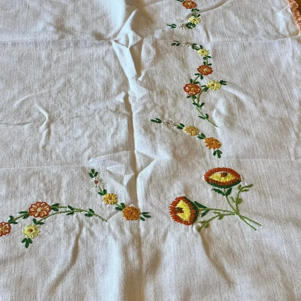 Vintage Hand Embroidered Floral Tablecloth 35x39.5 White Cotton Lace Edge Flower